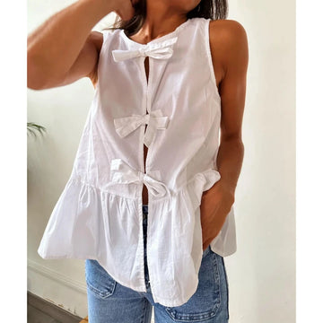 MQTIME  -  Women's Summer Y2K Vintage Solid Color Vest Sleeveless O-Neck Front Bow Knot Tied Hollow Out Peplum Flare Tank Tops